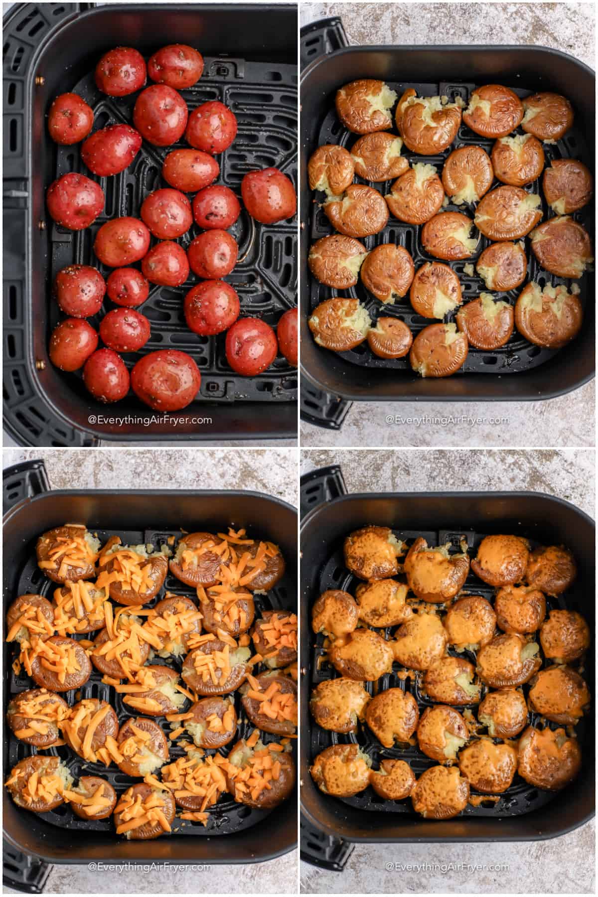 process of cooking loaded air fryer smashed potatoes in an air fryer tray