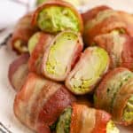 Air Fryer Bacon Wrapped Brussels Sprouts on a plate