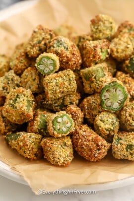 A serving dish of Air Fryer Breaded Okra