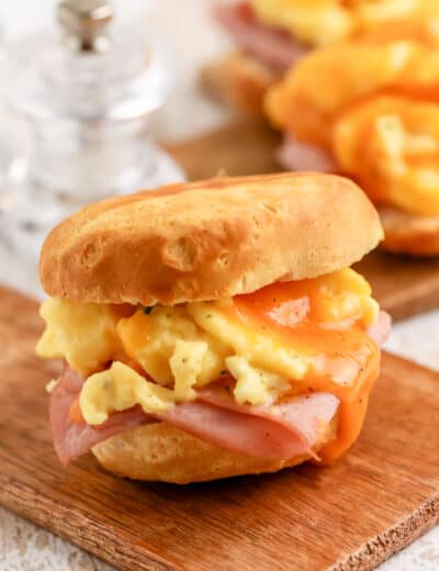 air fryer breakfast sandwich on a cutting board