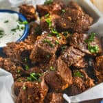 close up of Air Fryer Steak Bites with dip