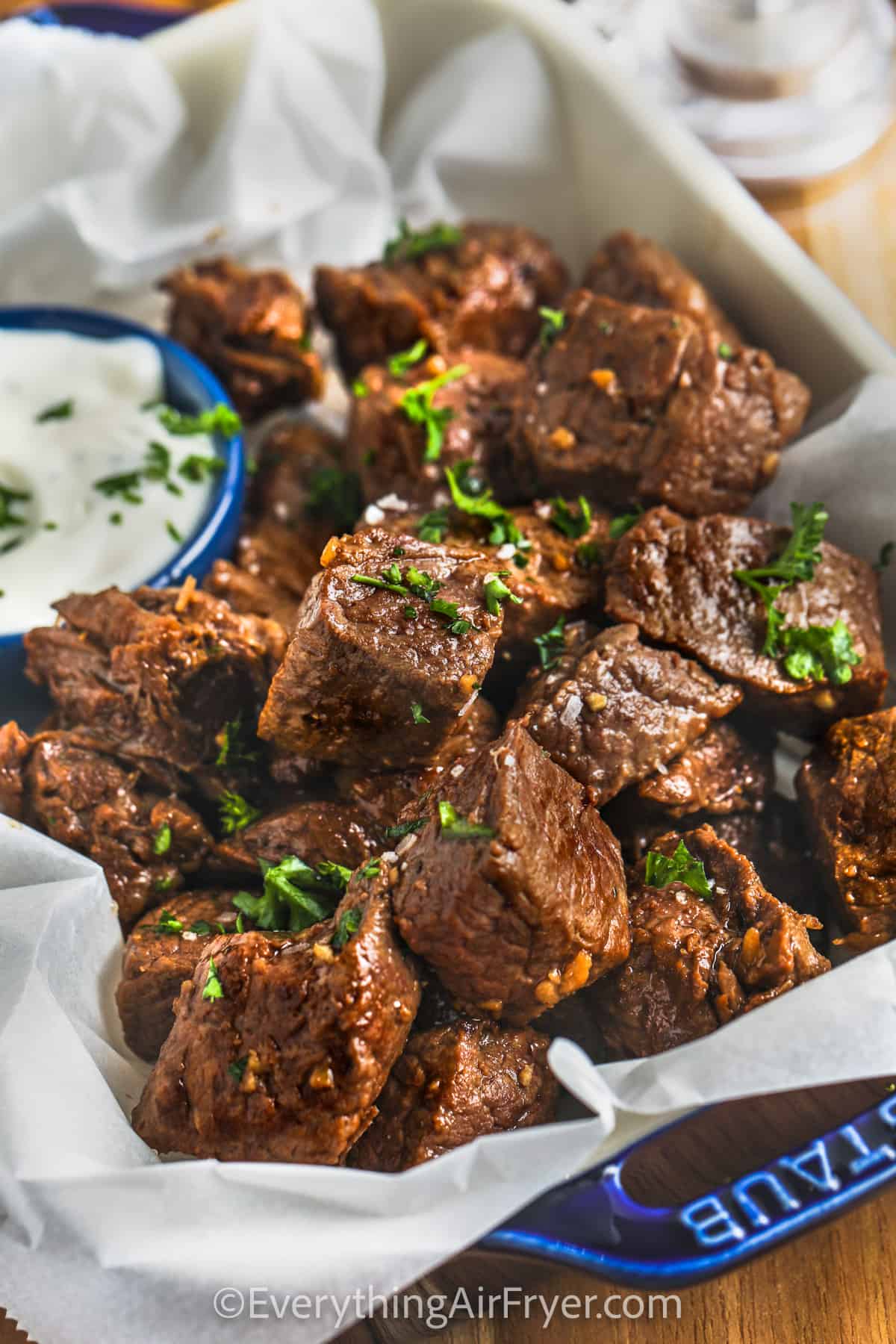 close up of Air Fryer Steak Bites with dip