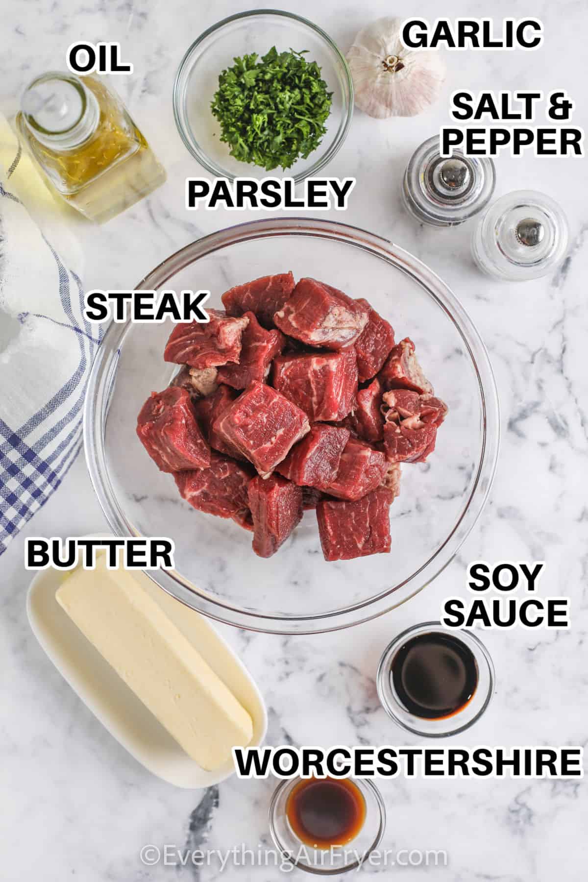 steak, butter, garlic, soy sauce and Worcestershire with other ingredients to make Air Fryer Steak Bites with lablels
