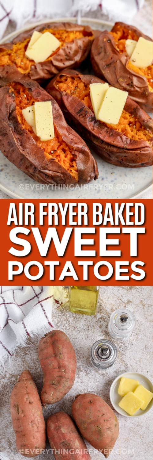 baked sweet potatoes and ingredients with text