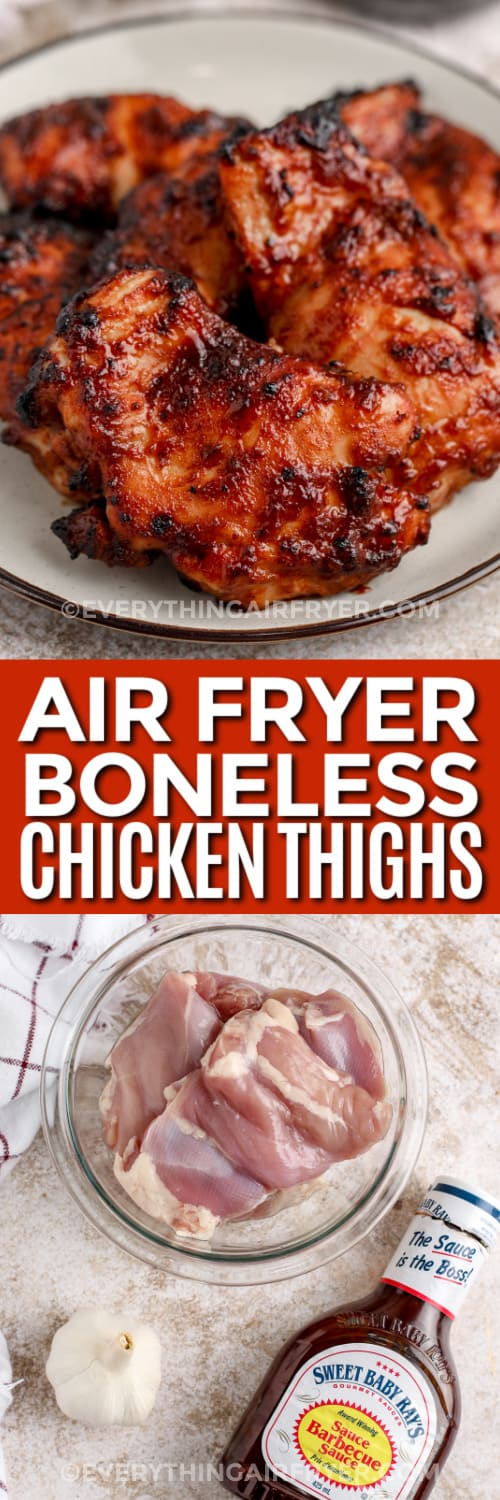 bbq boneless chicken thighs and ingredients with text