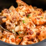 air fryer bacon cauliflower mac and cheese in a cooking dish with text