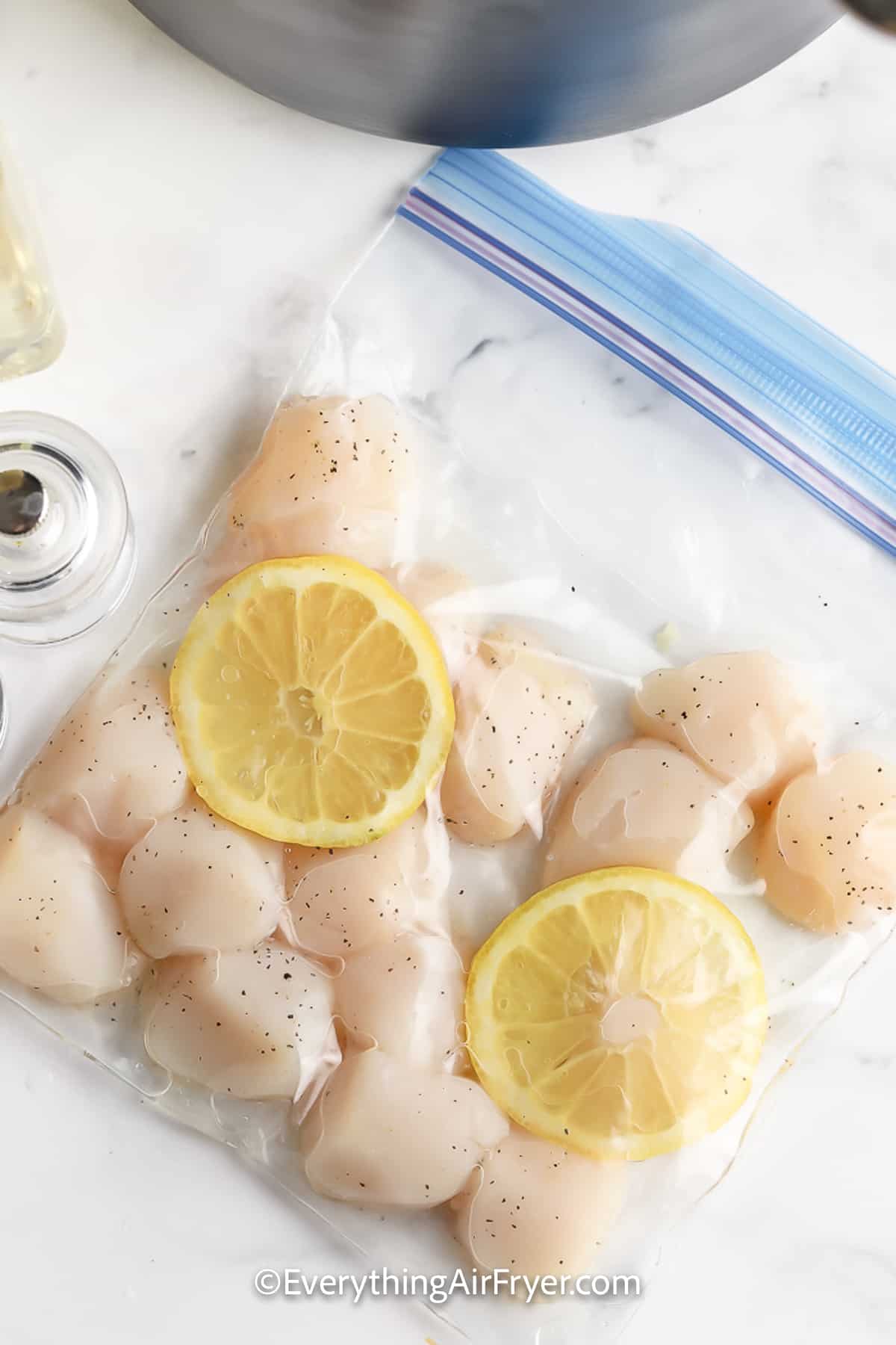 Sous Vide Scallops in a zippered bag with lemon slices