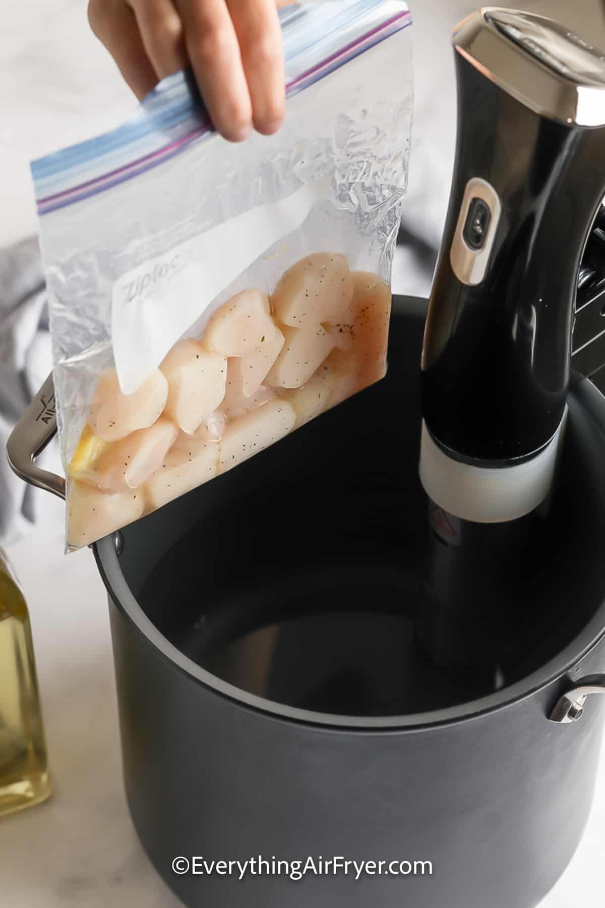 Scallops in a zippered bag being added to the sous vide