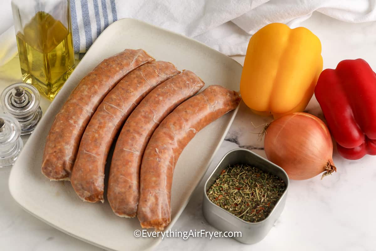 ingredients assembled to make air fryer sausage and peppers