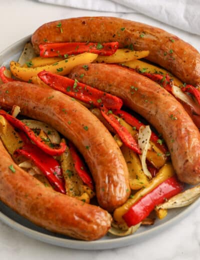 air fryer sausage and peppers on a plate