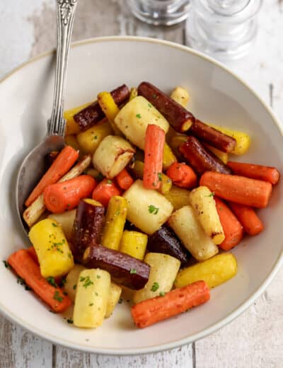 air fryer roasted rainbow carrots in a bowl