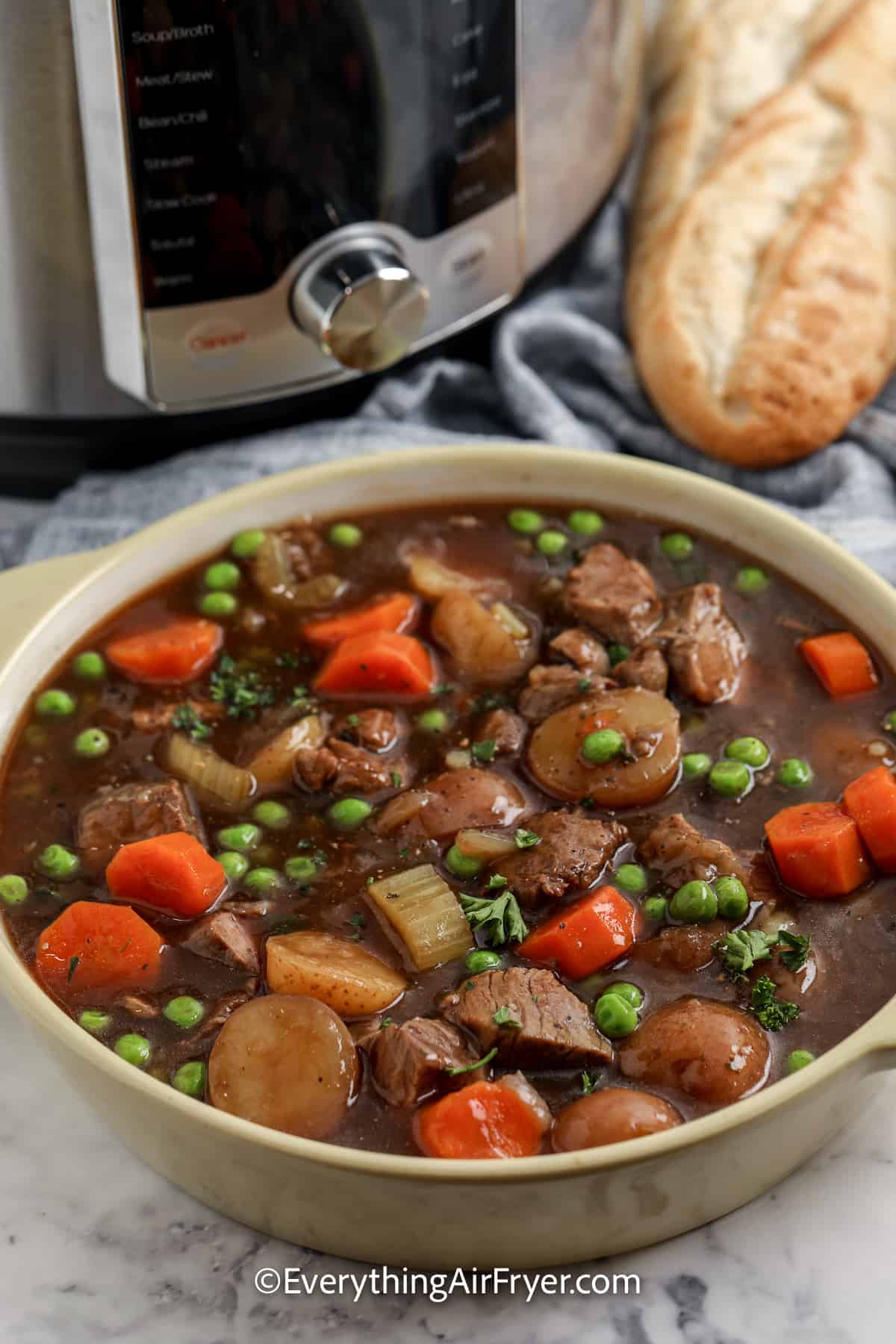 bowl of instant pot stew with leftover steak