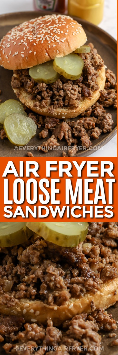 loose meat sandwich and close up of a loose meat sandwich with text