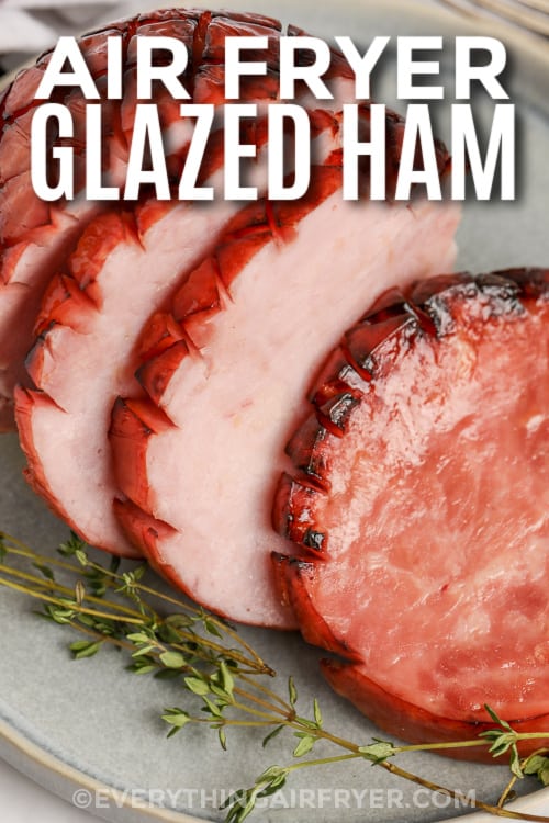 sliced ham on a plate with text
