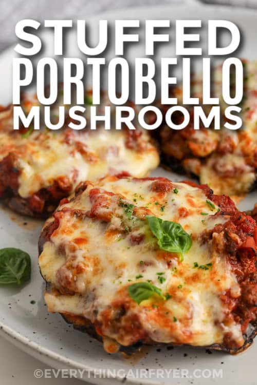 stuffed portobello mushroom on a plate with text