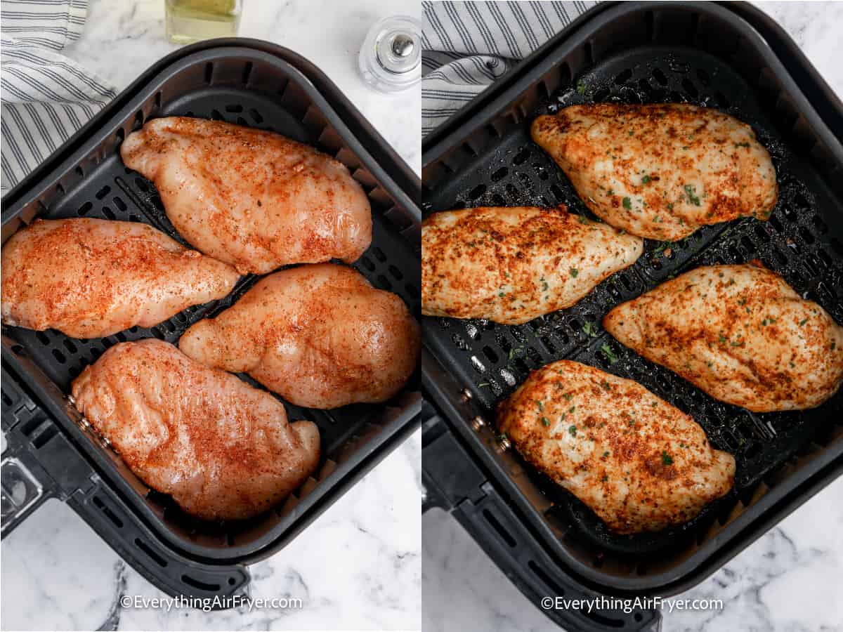 process of cooking chicken breasts in an air fryer tray