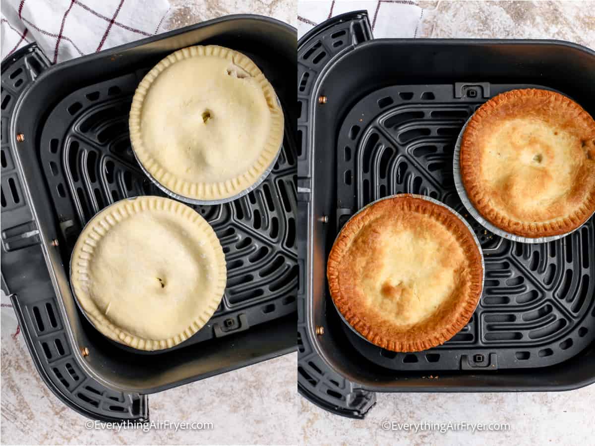 process of cooking frozen chicken pot pies in an air fryer tray