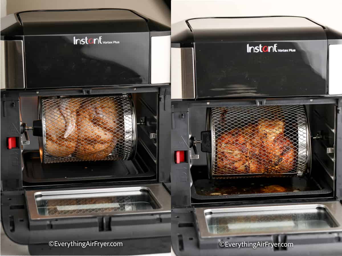 process of cooking a whole rotisserie chicken in an air fryer