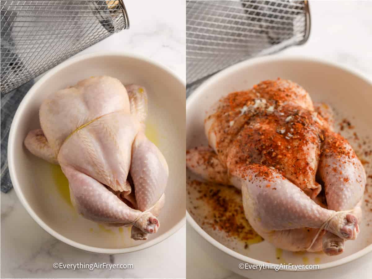 process of adding spices to a uncooked whole chicken