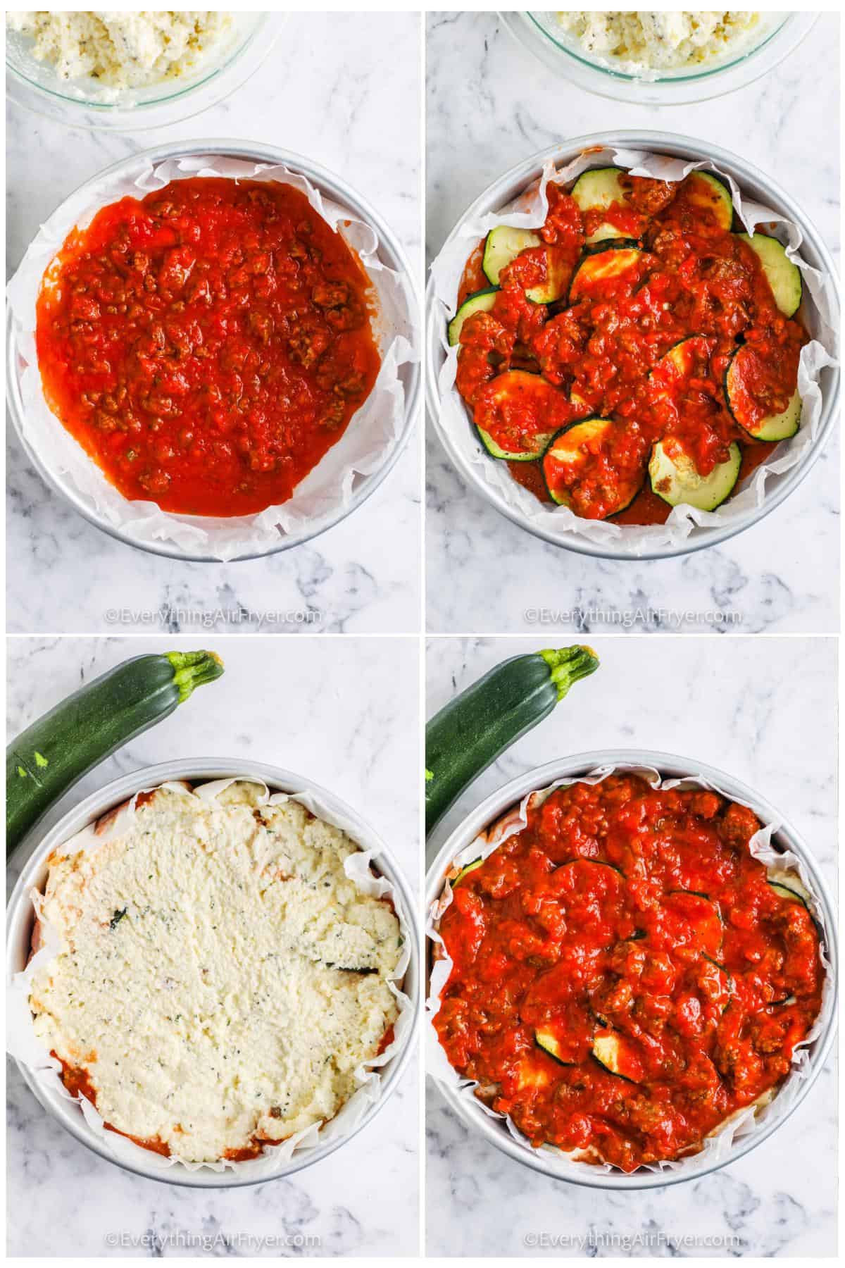 process of adding ingredients to pan to make Air Fryer Zucchini Lasagna