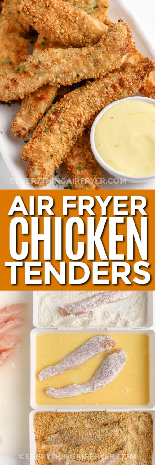 chicken tenders on a plate and ingredients with text