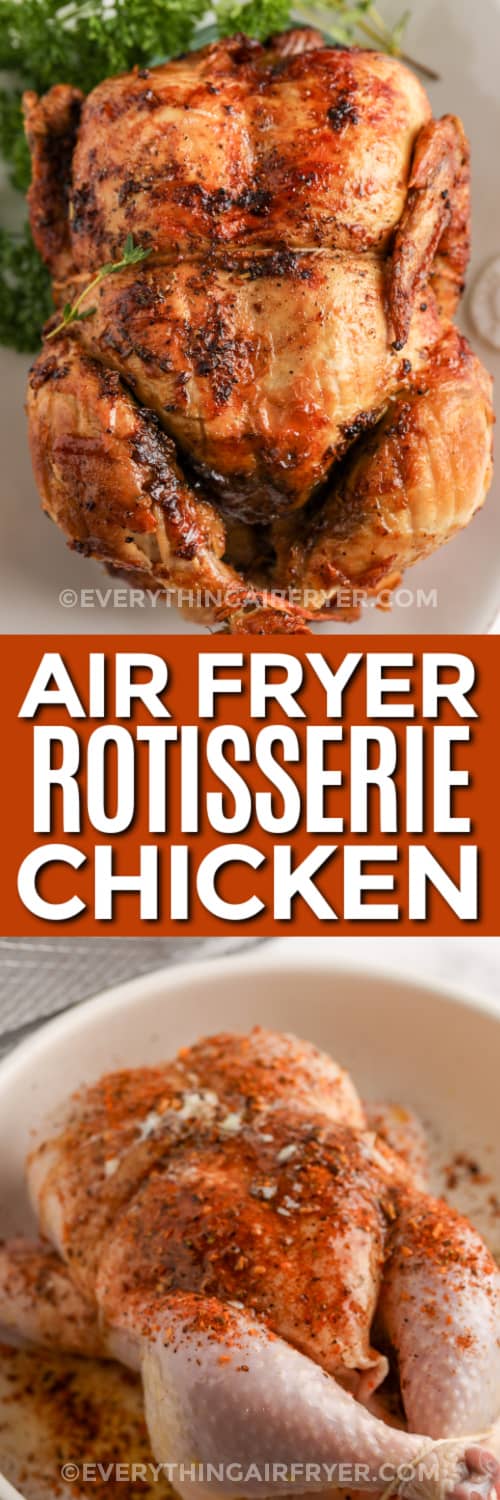 rotisserie chicken on a plate and uncooked chicken in a bowl with text