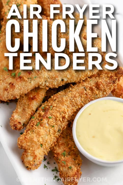 chicken tenders on a plate with text