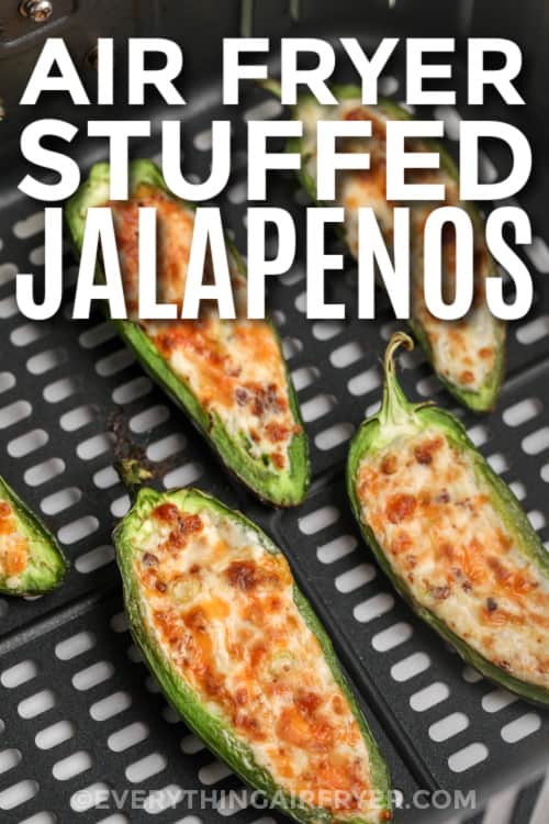 stuffed jalapenos in an air fryer tray with text