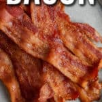 bacon on a plate with text