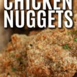 homemade air fryer chicken nuggets in a dish with text