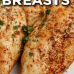top view of air fryer chicken breasts with text