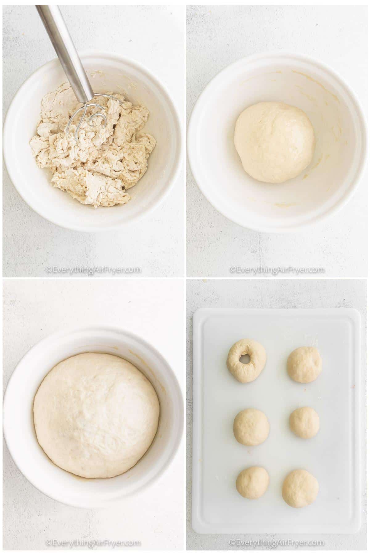 process of mixing ingredients and shaping dough for an Air Fryer Bagel