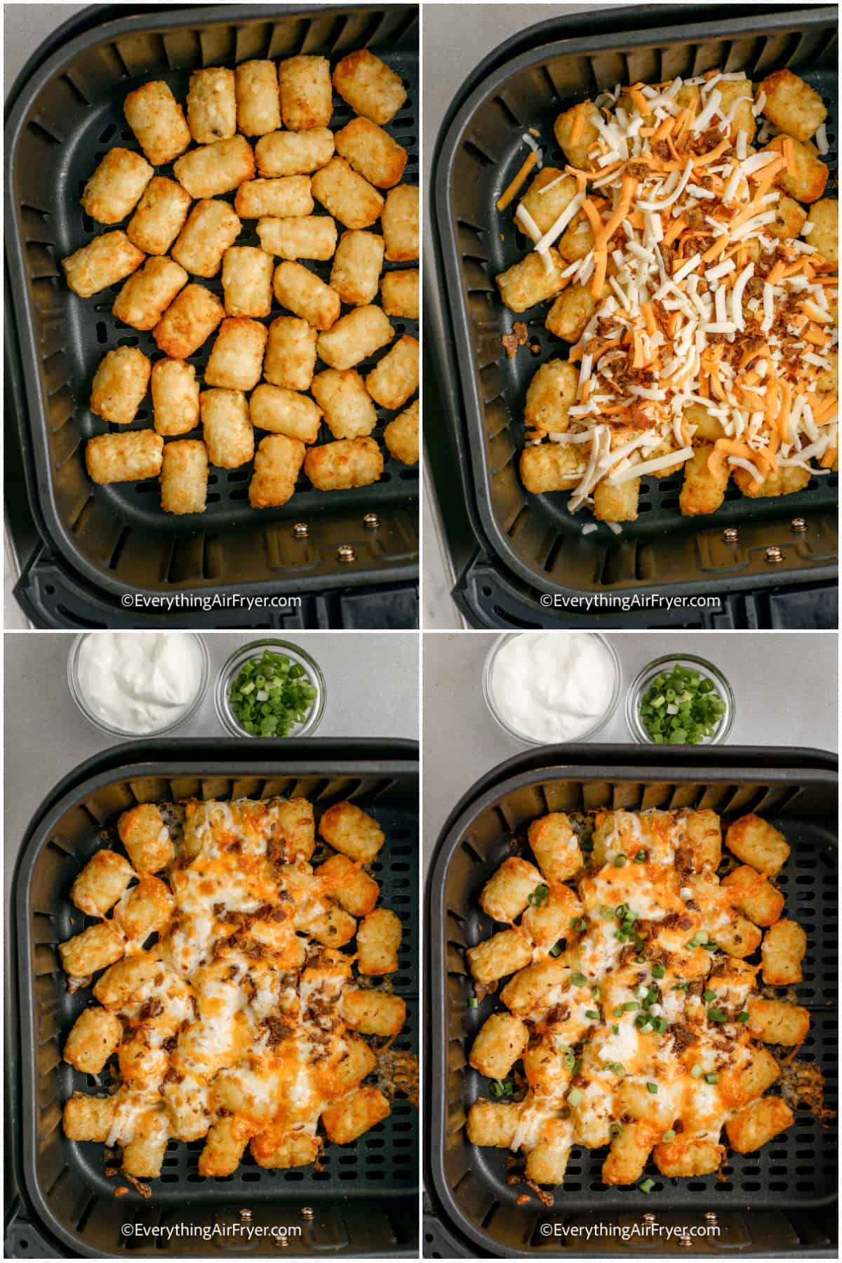 process of making Air Fryer Loaded Tater Tots in an air fryer tray