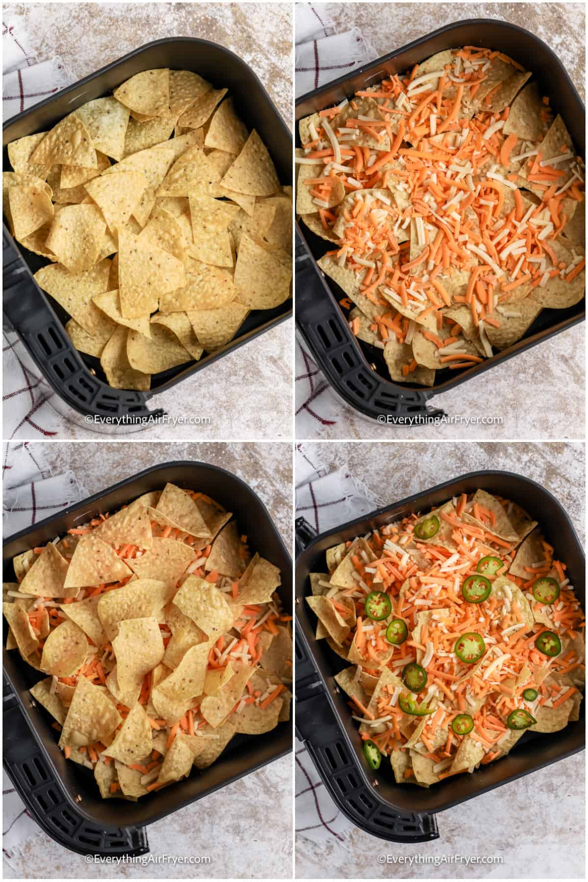 process of layering nachos in an air fryer tray