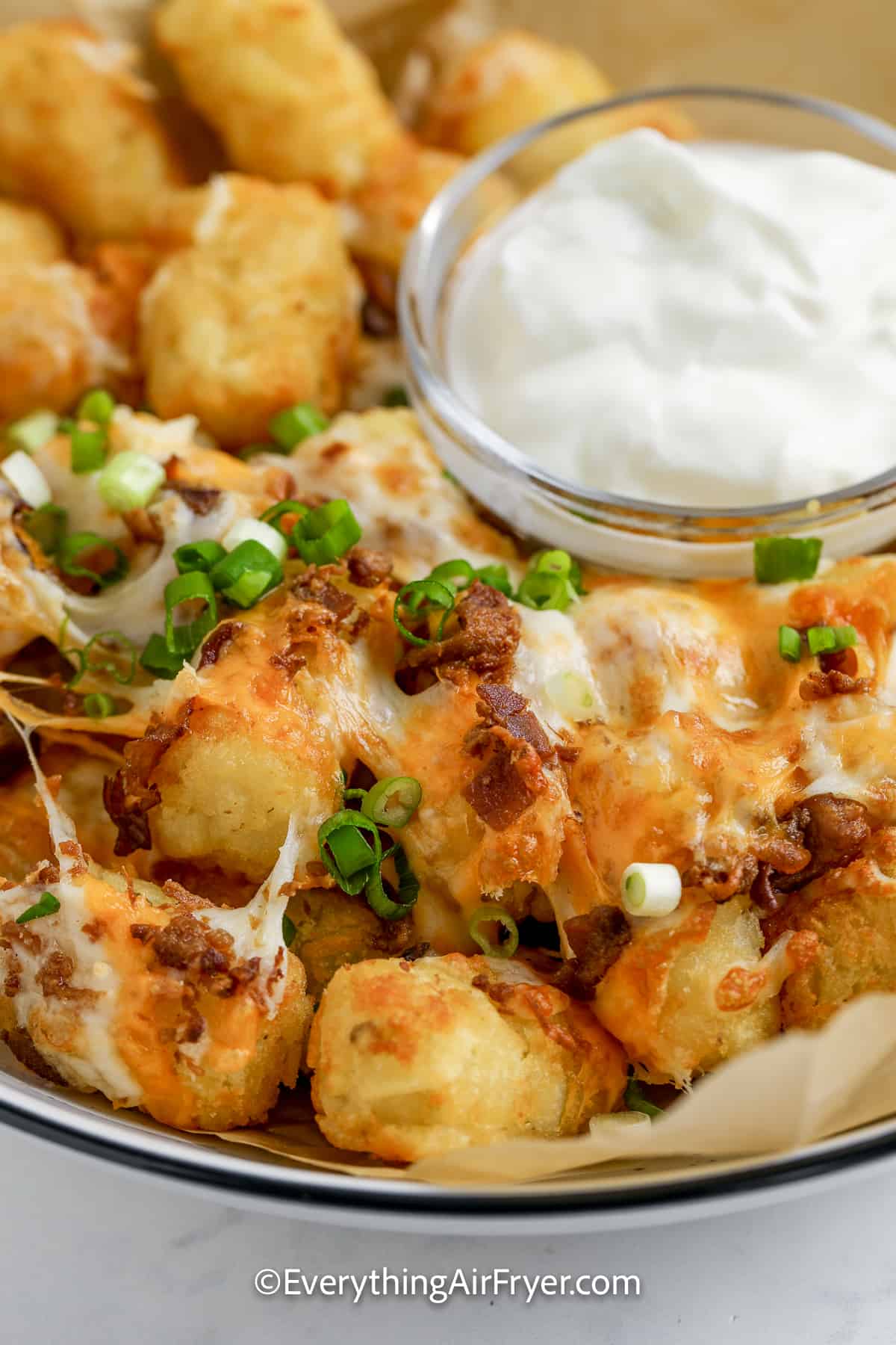 Air Fryer Loaded Tater Tots in a bowl with sour cream