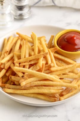 french fries on a plate with ketchup