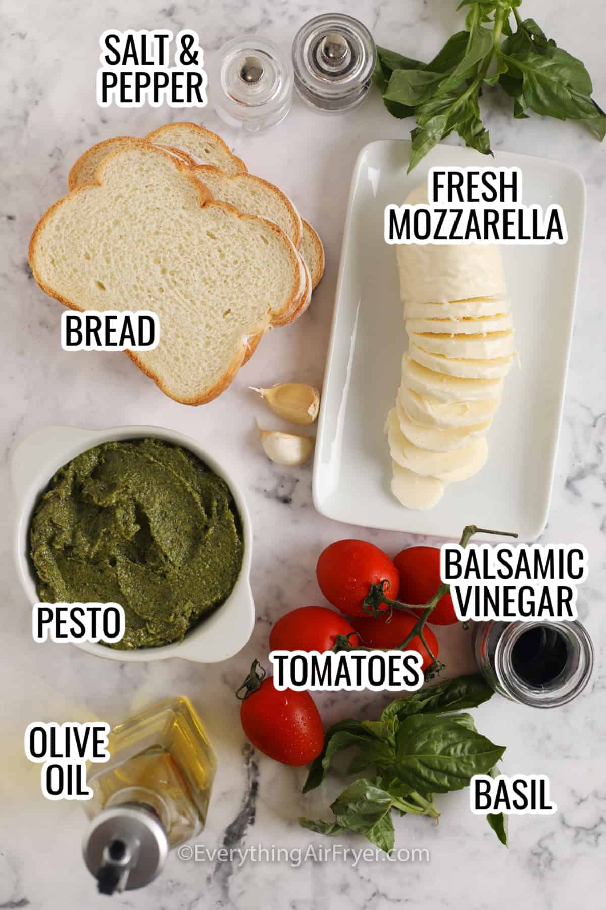 Bread, Pesto, olive oil, tomatoes, basil, balsamic vinegar, fresh mozzarella to make Caprese Grilled Cheese