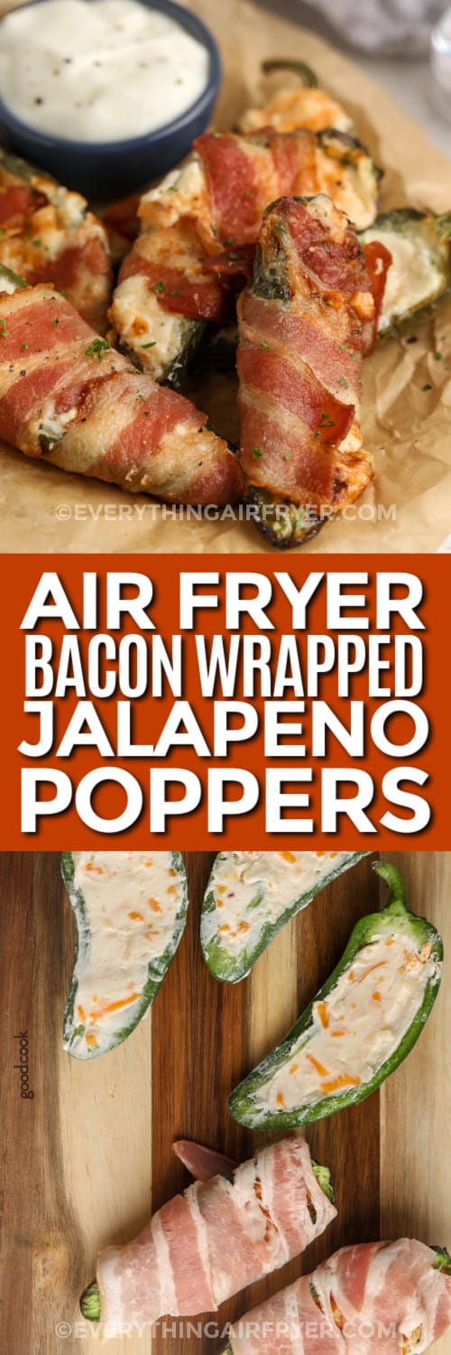 bacon wrapped jalapeno poppers and uncooked bacon wrapped jalapeno poppers with text