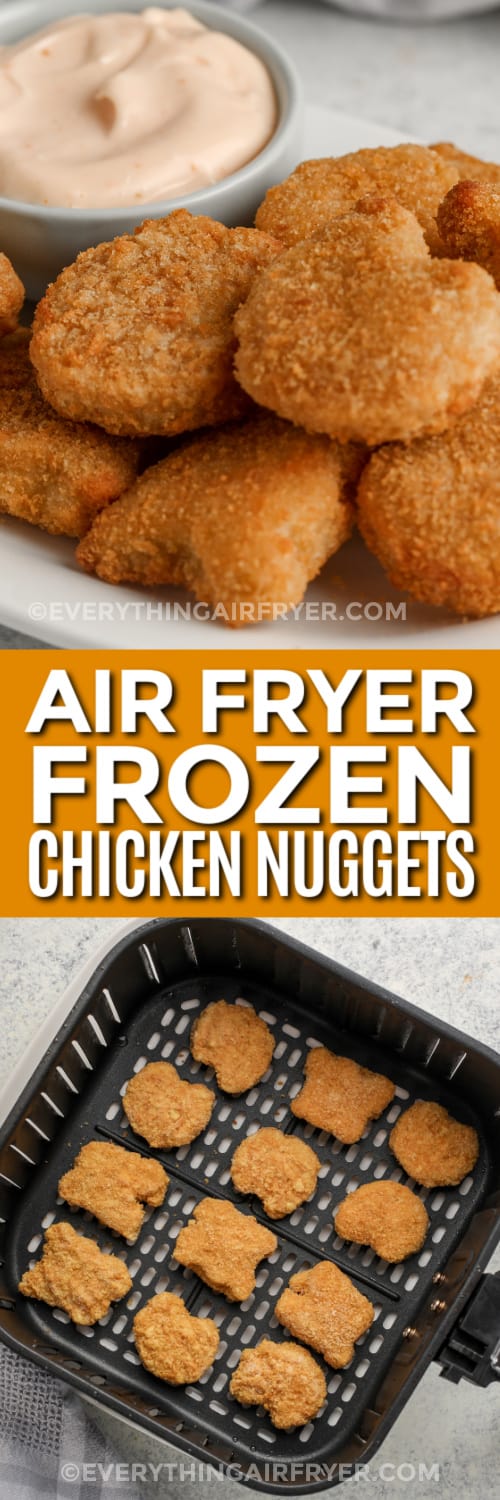 chicken nuggets on a plate and in an air fryer try with text