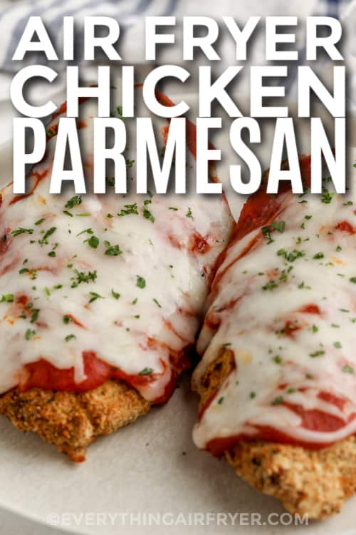 chicken parmesan on a plate with text