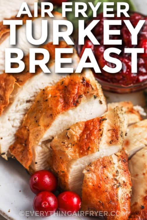 plated Air Fryer Turkey Breast with cranberries and a title