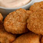 chicken nuggets and dip with text