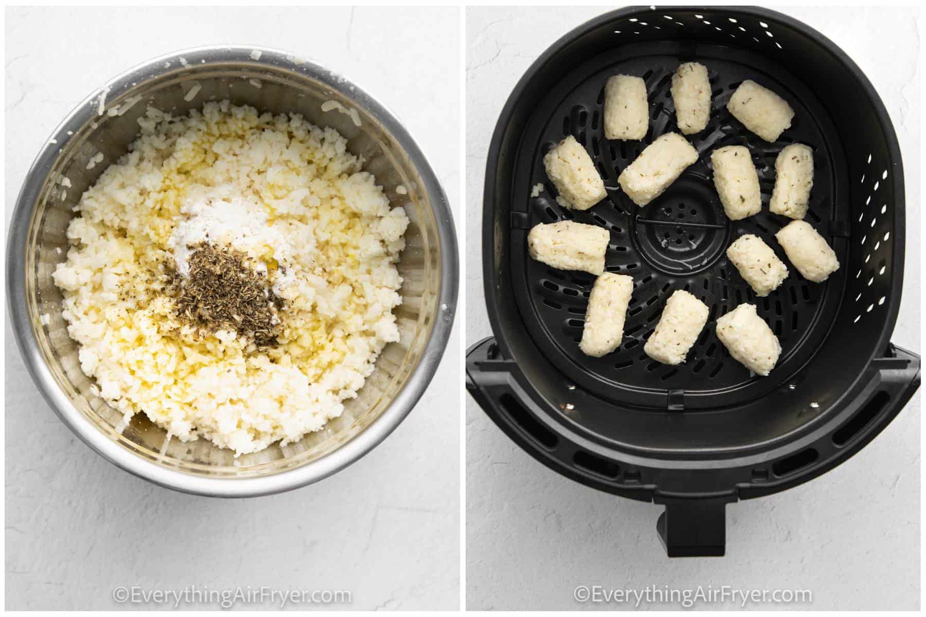 process of adding Homemade Air Fryer Tater Tots to fryer