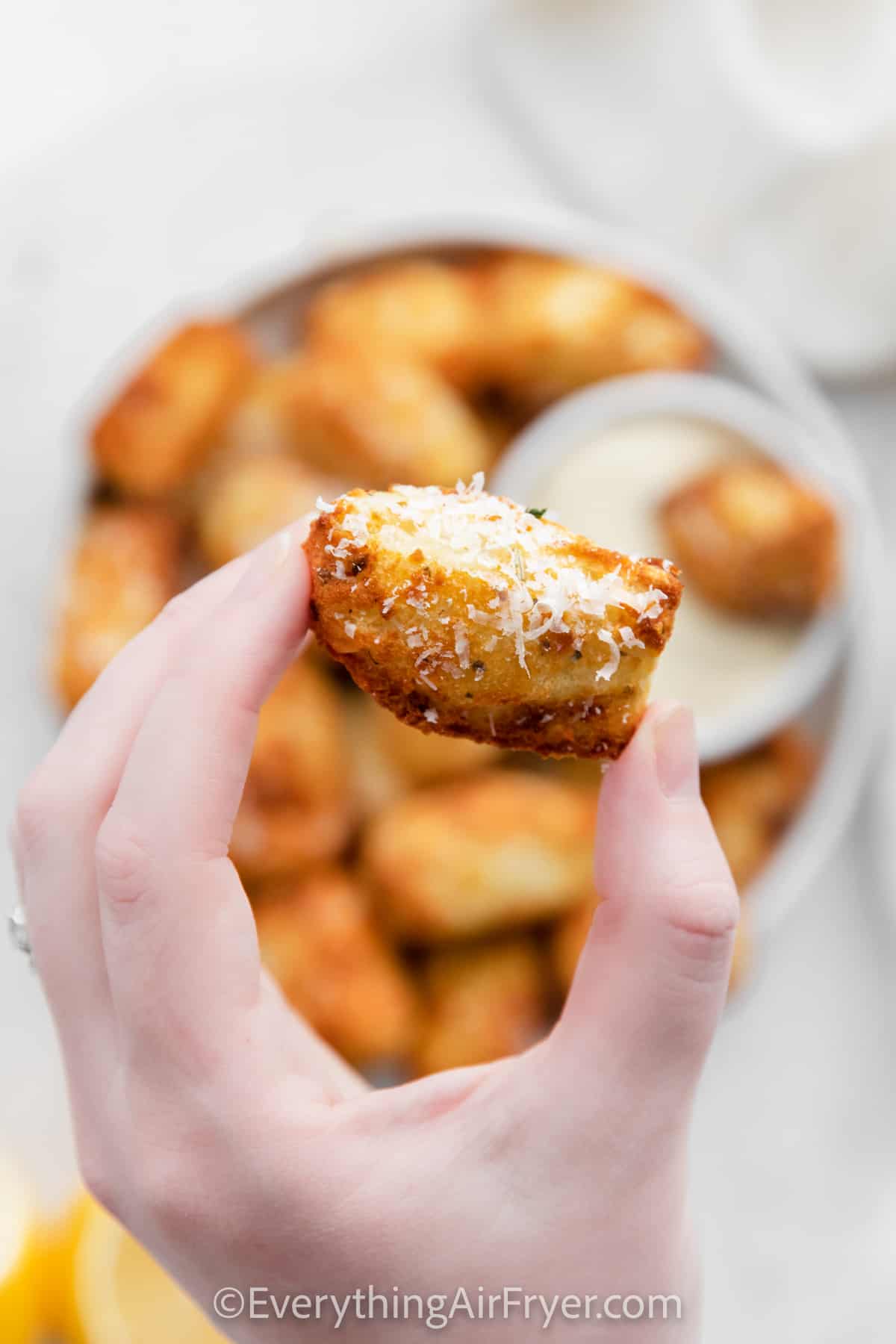 Homemade Air Fryer Tater Tots with one in someones hand