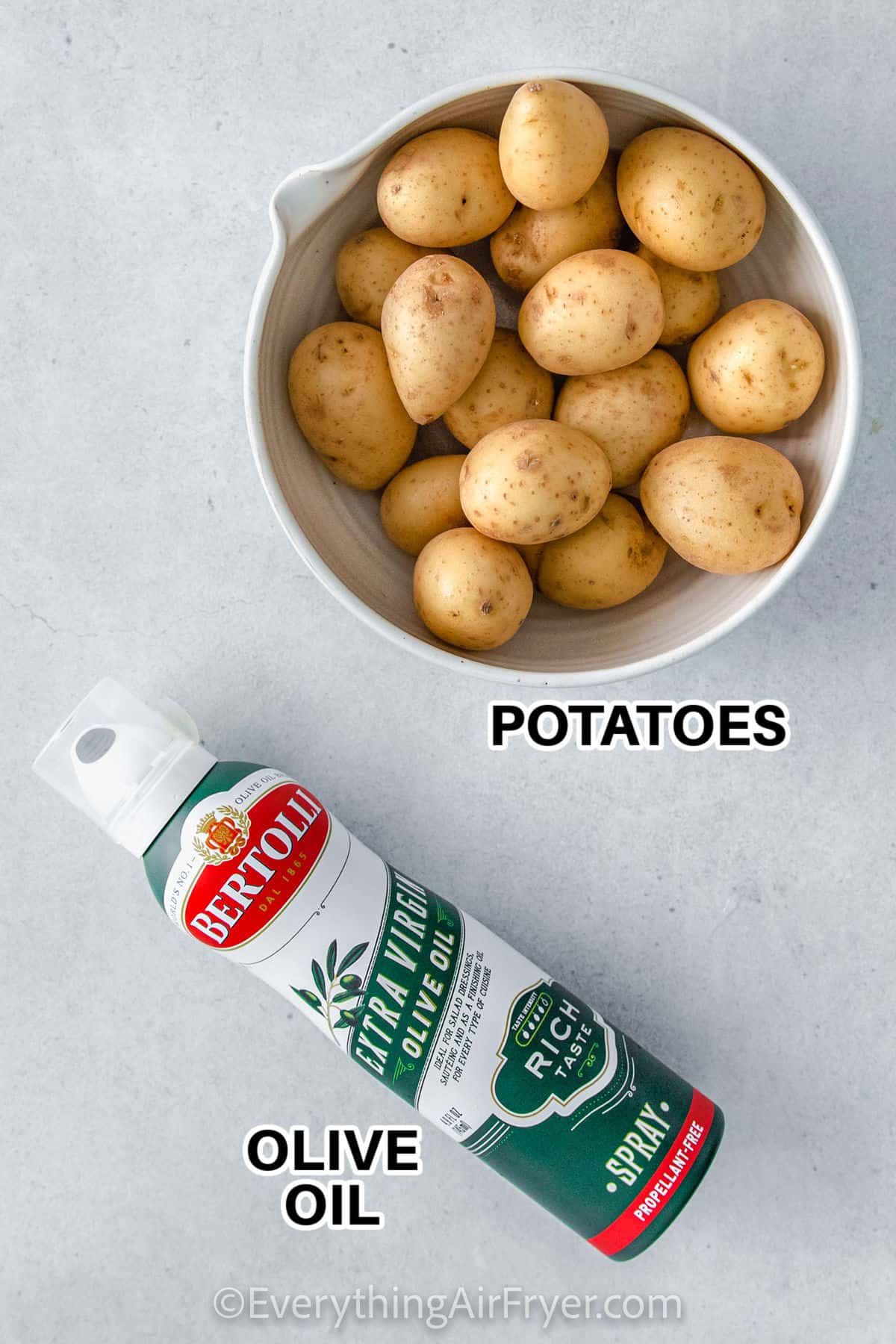 potatoes and olive oil with labels to make Mini Air Fryer Hasselback Potatoes