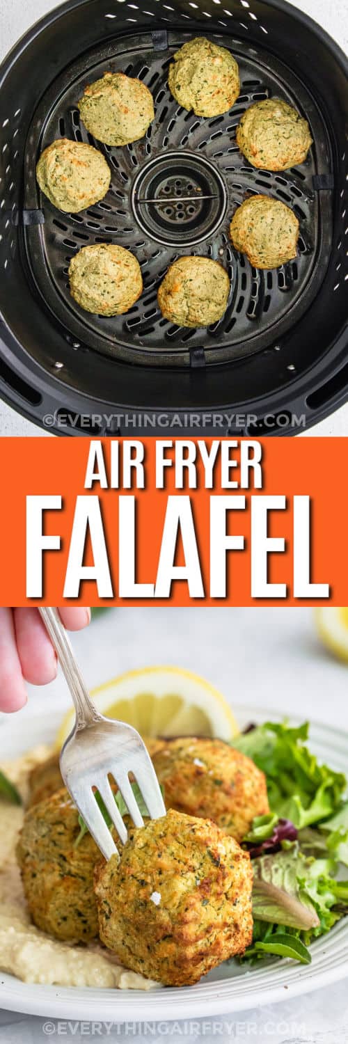 Air Fryer Falafel in the fryer and plated with writing