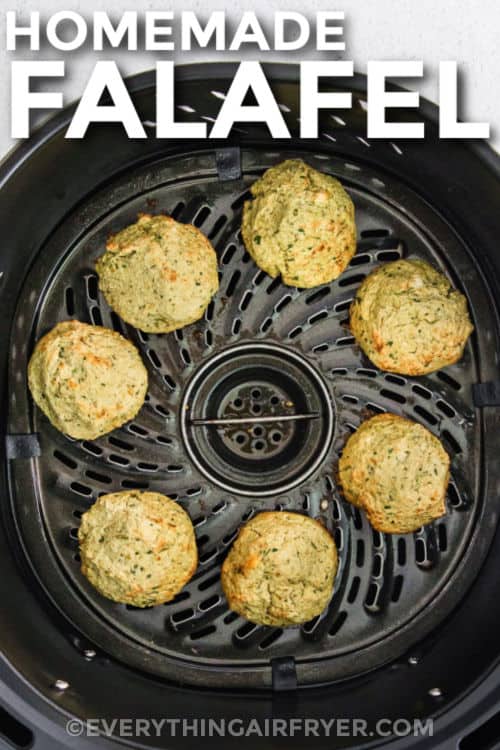 Air Fryer Falafel in the fryer with a title