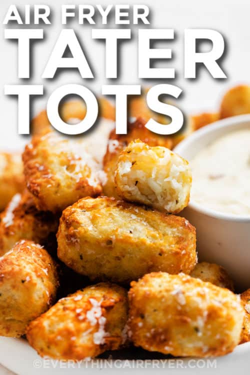 close up of Homemade Air Fryer Tater Tots on a plate with dip and a title