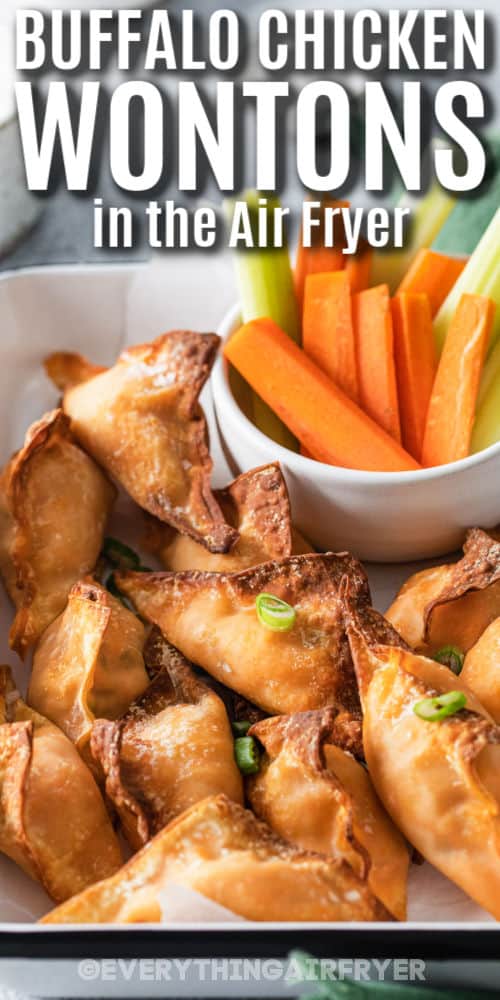 close up of Air Fryer Buffalo Chicken Wontons with writing