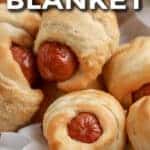 air fryer pigs in a blanket in a dish with text